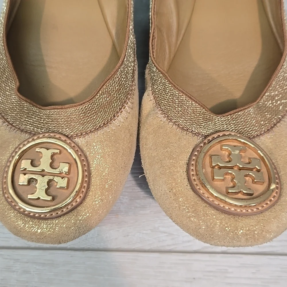 Tory Burch Glitter Suede Stretch Gold Ballet Flats Logo Shoes Sz 7M